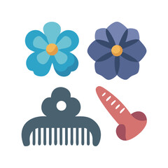 Cute flower and hair clip icons on black background
