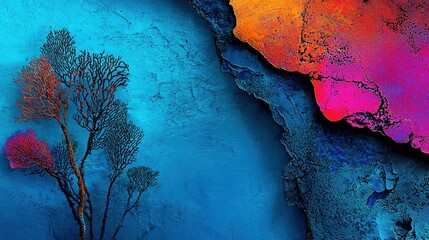 Abstract artwork with colorful details of trees and textured backgrounds