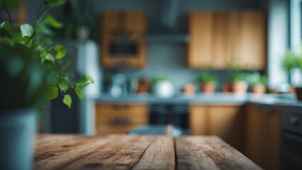 Kitchen space showcasing a wooden table and greenery