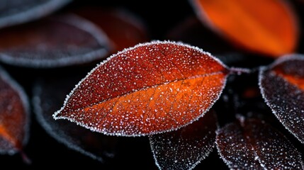 A frosted reddish leaf displays its delicate intricate texture and color