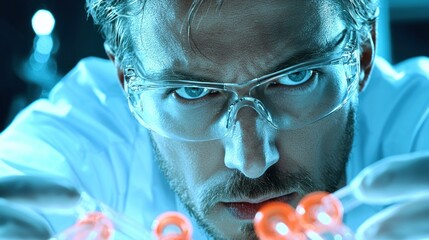 Scientist wearing glasses examining small tubes in a laboratory setting