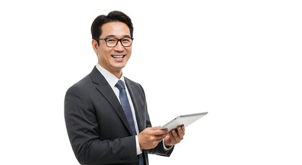 Smiling Businessman Holding Tablet Device on White Background