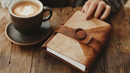 A cup of coffee beside a leather journal on wood