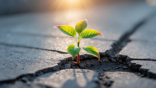 Greenery developing in road crevice, soft emphasis