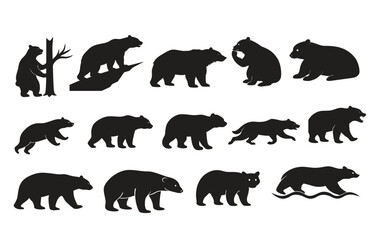 Stylized Bear Silhouette Vector Set – 15 Unique Wildlife Poses in Black.