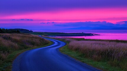 A winding road travels along a shoreline at dusk
