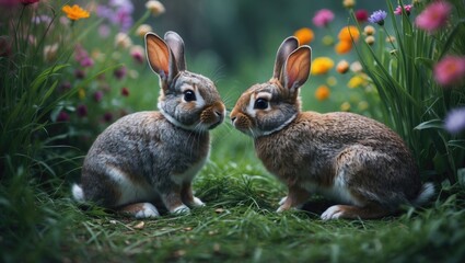 Fototapeta premium Portrait of a pair of brown rabbits outdoors during spring, surrounded by grass and wildlife
