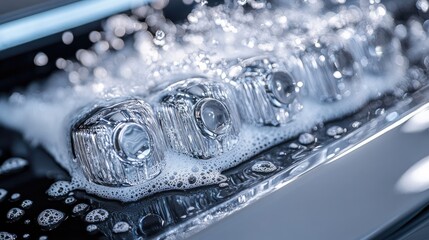 Close-up of car headlights being washed with soapy water and bubbles.