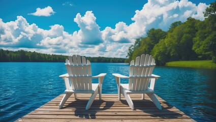 Naklejka premium Two white chairs seen from the side on a wooden dock facing a tranquil blue lake on a sunny day with clouds