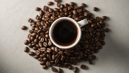 Naklejka premium White paper cup sitting on a bed of aromatic coffee beans, representing the blend of convenience and coffee culture for take-out drinks.