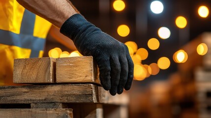 Person Wearing Glove Resting Hand on Wooden Pallet Material