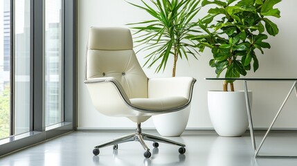 An elegant white chair near the large window with greenery