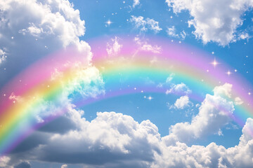 rainbow is seen in the sky with a blue background. The sky is filled with clouds and stars