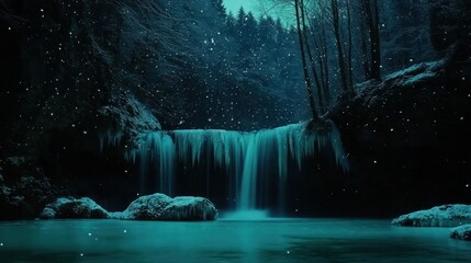 A frozen waterfall cascades into a tranquil icy blue pool