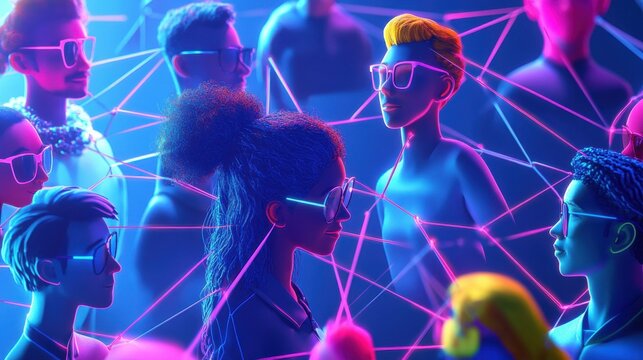 Vibrant digital avatars linked in a network on a blue backdrop, showcasing the essence of social media interactions.