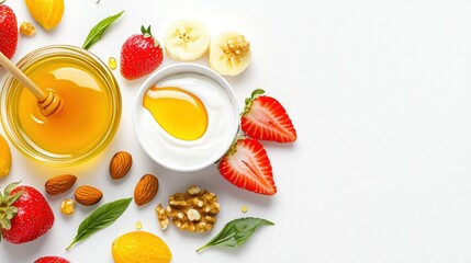 Colorful assortment of healthy foods displayed on a white surface