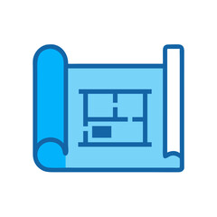 Blue blueprint roll displaying building plans isolated on White