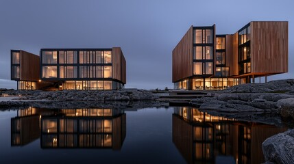 Modern buildings with glass windows reflecting in the water perfectly
