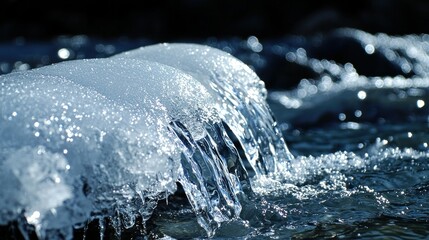 Flowing water cascades over ice in this winter scene