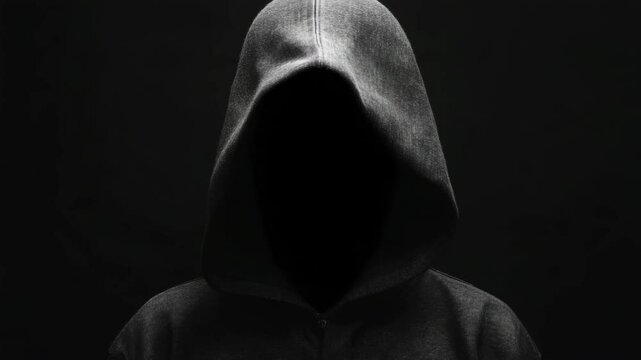 Mysterious person in a hooded sweatshirt stands in shadow with face obscured, creating a dramatic and ominous concept of anonymity, secrecy, and digital threat
