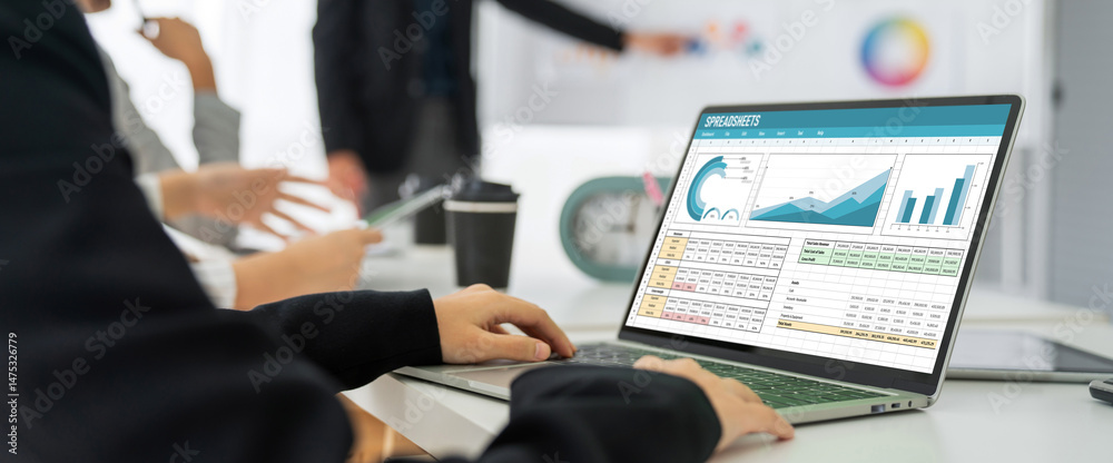 Poster spreadsheet document information financial startup concept. data and graphs in spreadsheet documents