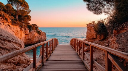 Wooden pathway leads to the ocean with scenic rocks and trees