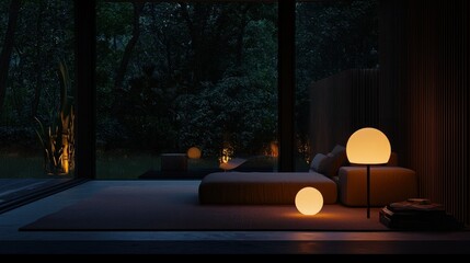 A modern bedroom interior illuminated by glowing orb lamps at night