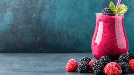 A vibrant fruit smoothie with fresh berries and a mint garnish