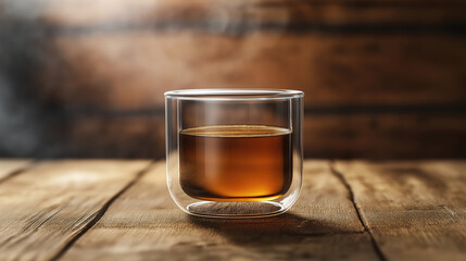 Warm beverage in glass cup on wooden table