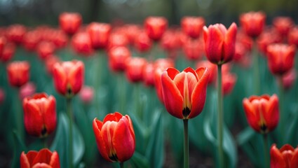Fototapeta premium Blooming red tulips in a garden scene with a soft green background, capturing outdoor floral beauty and seasonal color