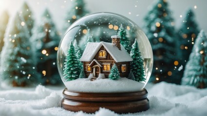 Christmas-themed snow globe standing alone on white