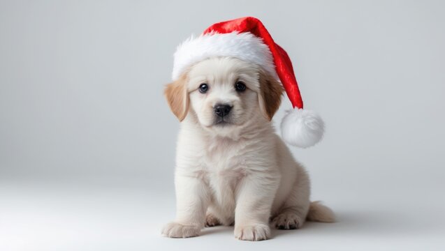 Charming sitting puppy adorned with a Santa hat for Christmas - white background isolated