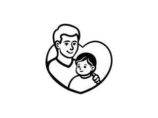 Father and Child Love in Heart Shape – Emotional Family Bonding Black and White Line Art Illustration for Father’s Day, Parenting, Minimalist Design & Greeting Cards.