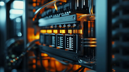 Naklejka premium Close-Up of Server Rack with Network Cables and Hardware