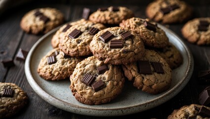 Obraz premium Fresh homemade oatmeal cookies featuring dark chocolate chunks