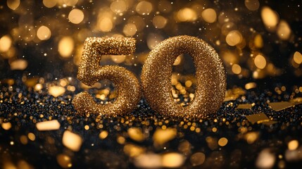Golden number fifty on a dark background with bokeh lights and glitter.  Celebration, anniversary, and party theme