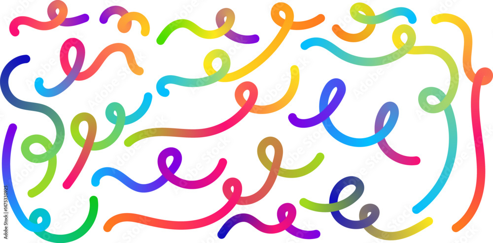 Poster Vector collection of swirling, looping lines in rainbow gradient colors on a transparent background. Perfect for playful, energetic designs and abstract compositions. Vector EPS 10