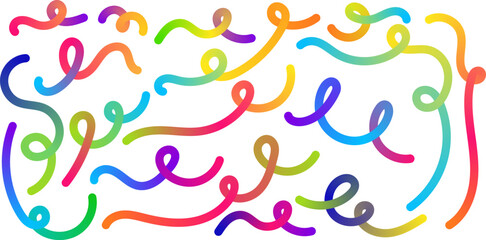 Vector collection of swirling, looping lines in rainbow gradient colors on a transparent background. Perfect for playful, energetic designs and abstract compositions. Vector EPS 10