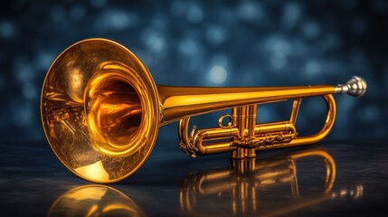 Obraz premium Polished brass trumpet on dark background