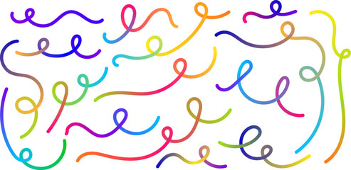 Vector collection of swirling, looping lines in rainbow gradient colors on a transparent background. Perfect for playful, energetic designs and abstract compositions. Vector EPS 10