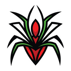 Stylized spider illustration in red black and green colors on white background
