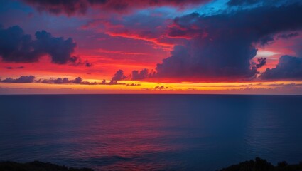 Fototapeta premium Colorful Twilight Scene with Dark Blue and Purple Clouds over the Sea at Sunset