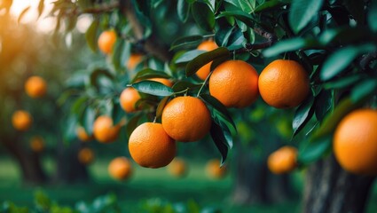 oranges on a tree branch with lush green leaves