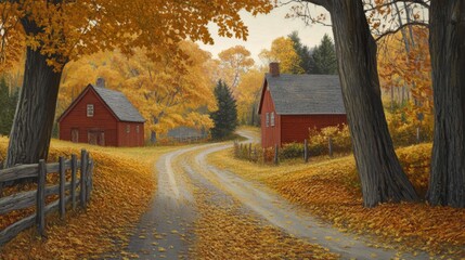 Autumnal Country Road with Red Barns and Golden Leaves