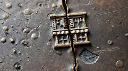 Close-up of an embossed metal plate featuring an architectural design
