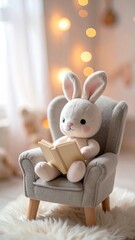 Plush bunny reading a book in cozy light-filled room