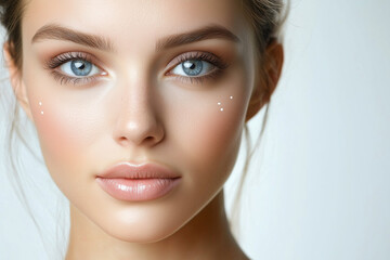 Fototapeta premium woman with blue eyes and a pinkish tint to her lips. She has a light makeup look on