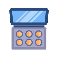 Open cosmetic palette displaying peach eyeshadows on black background