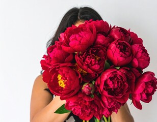 Female holding vibrant red peonies against white background