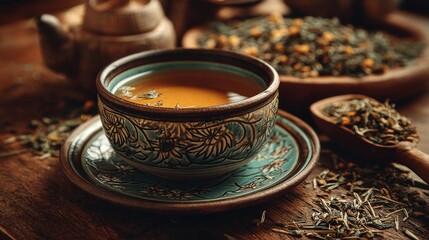 Fototapeta premium Cozy Herbal Tea in Glass Mug Surrounded by Dried Flowers on Rustic Wooden Tray in Sunlight